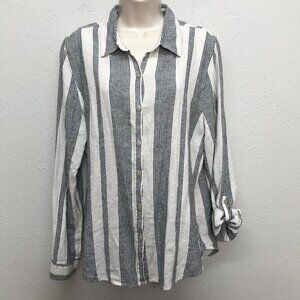 Orvis Button Up Shirt Womens M Blue White Striped Roll Tab Sleeve Linen Blend